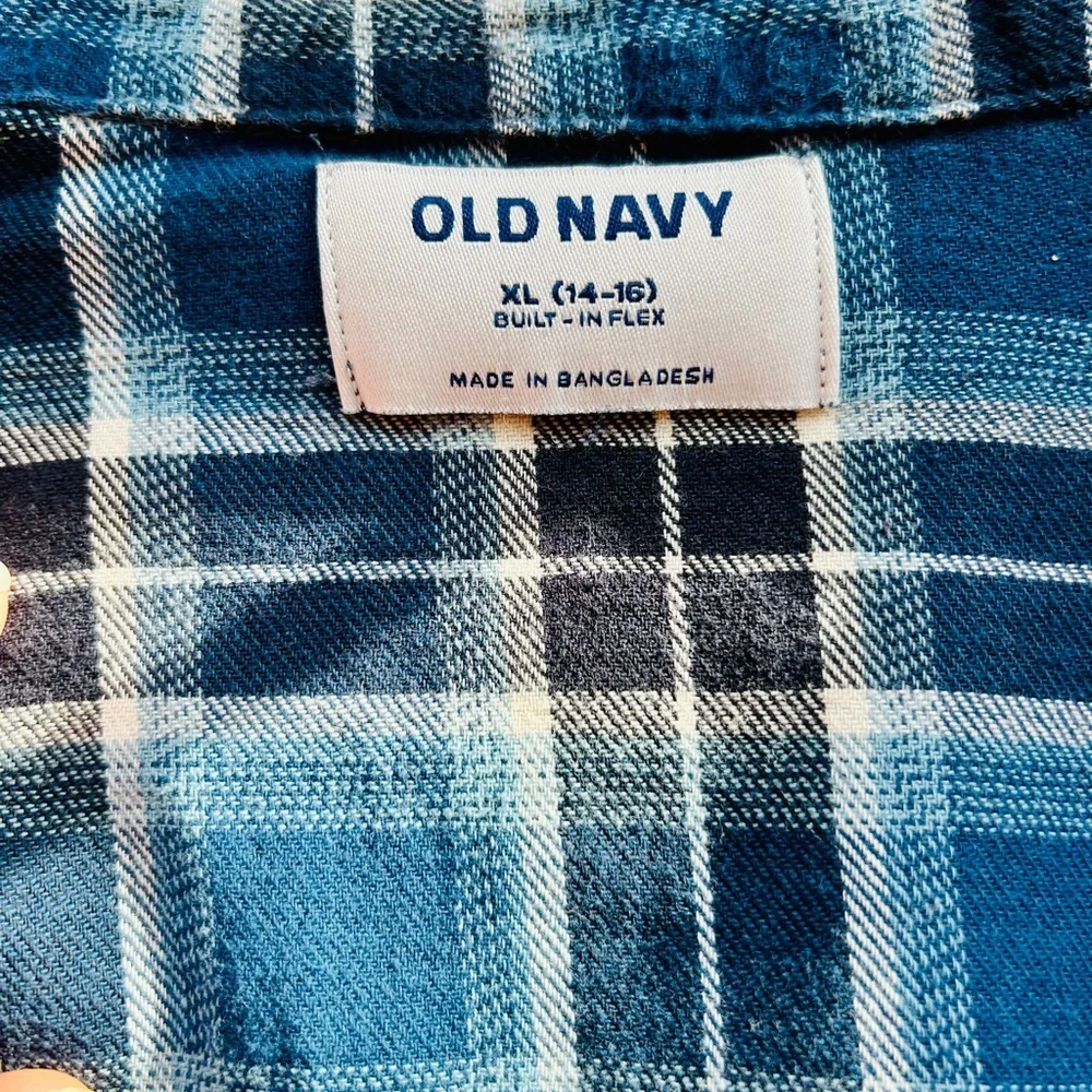 Old Navy Girls Size XL 14/16 Blue Plaid Flannel Shirt Stretch Cotton